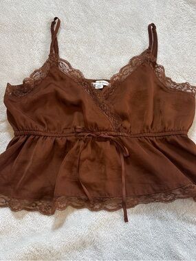 American Eagle Brown Satin Cami with Lace Trim